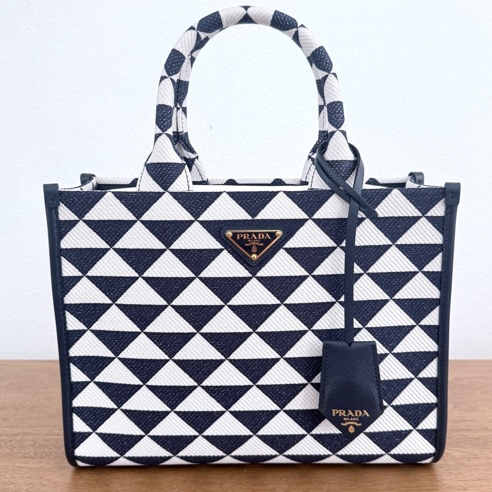 Prada Milano 1BA354 Symbole Jacquard Tote Blue White Triangle Pattern Bag Italy